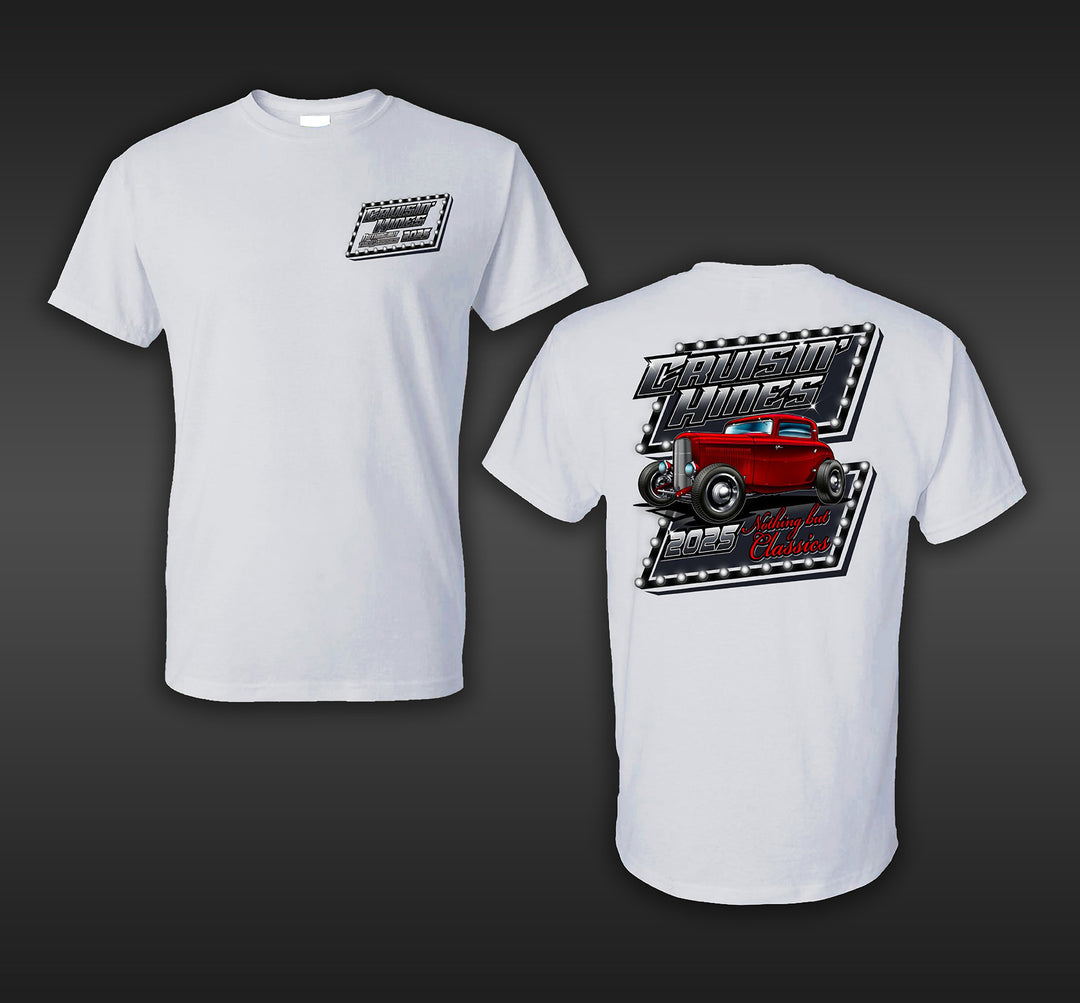 White T-Shirt with design on front left chest and full design on back 
